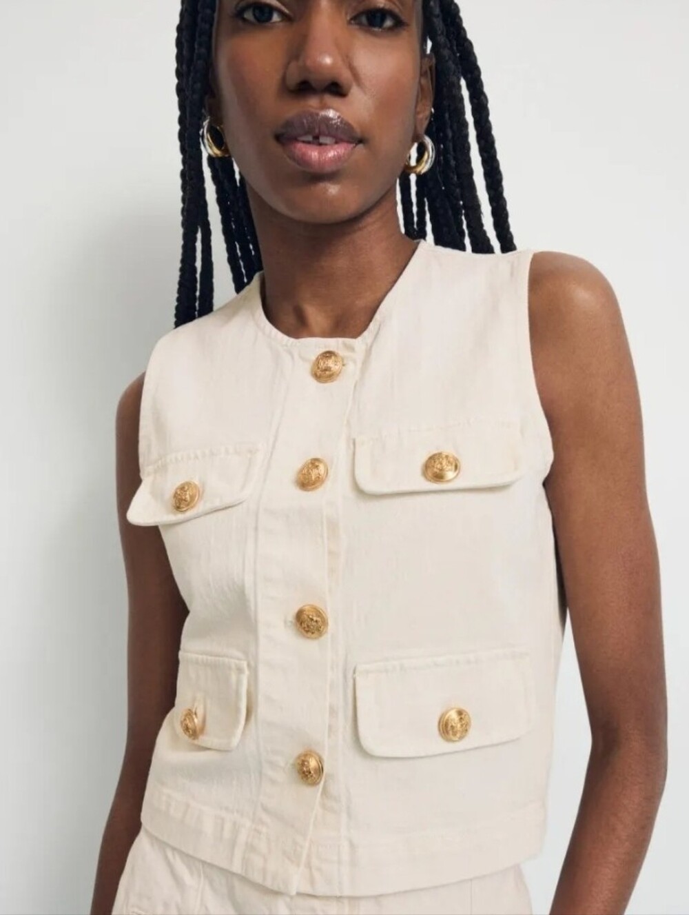 BLANKNYC Sleeveless Cropped Cream Button Front Denim Vest with Gold Buttons Sz S